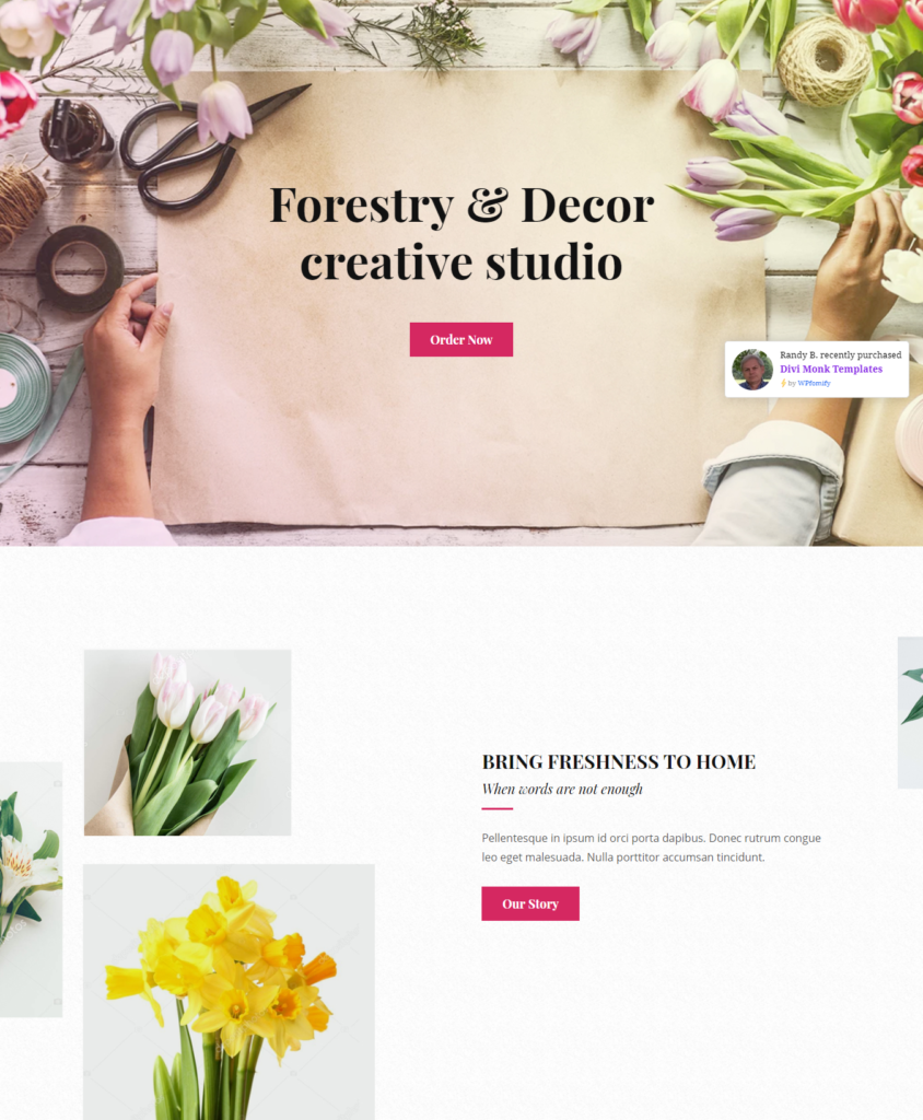 Hero section of Divi florist template