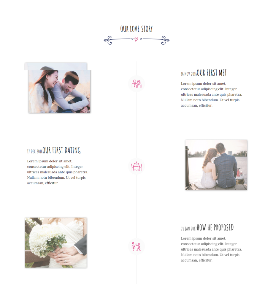 Timeline section of Divi wedding template