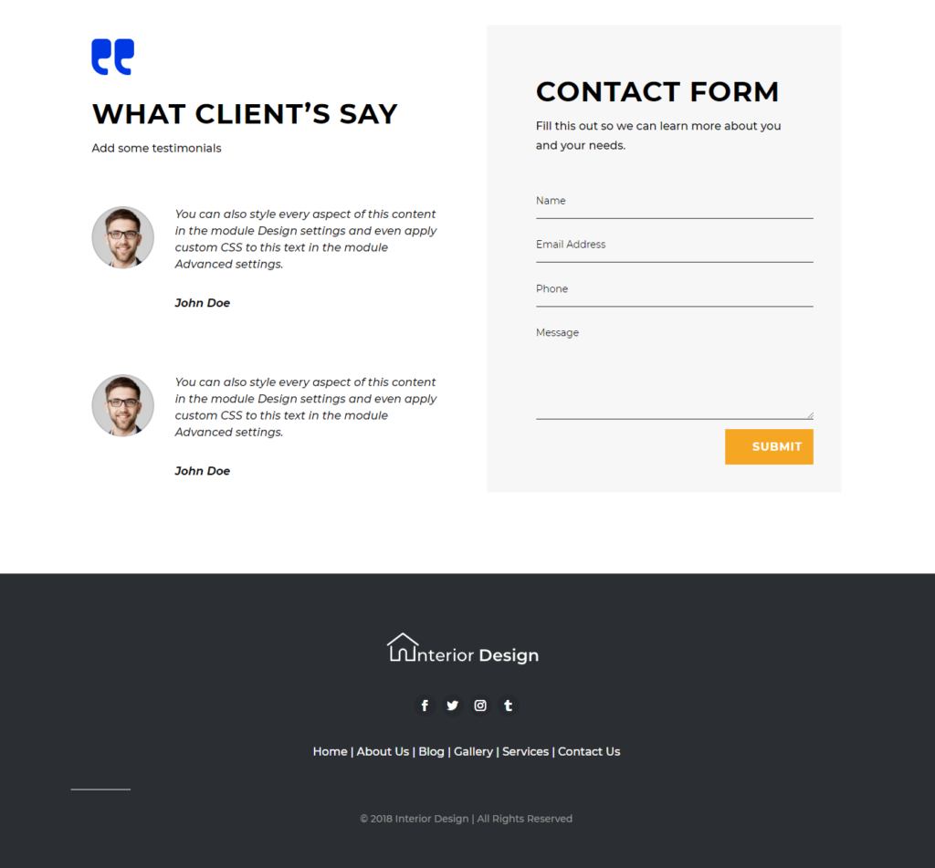 Contact section of divi interior design template