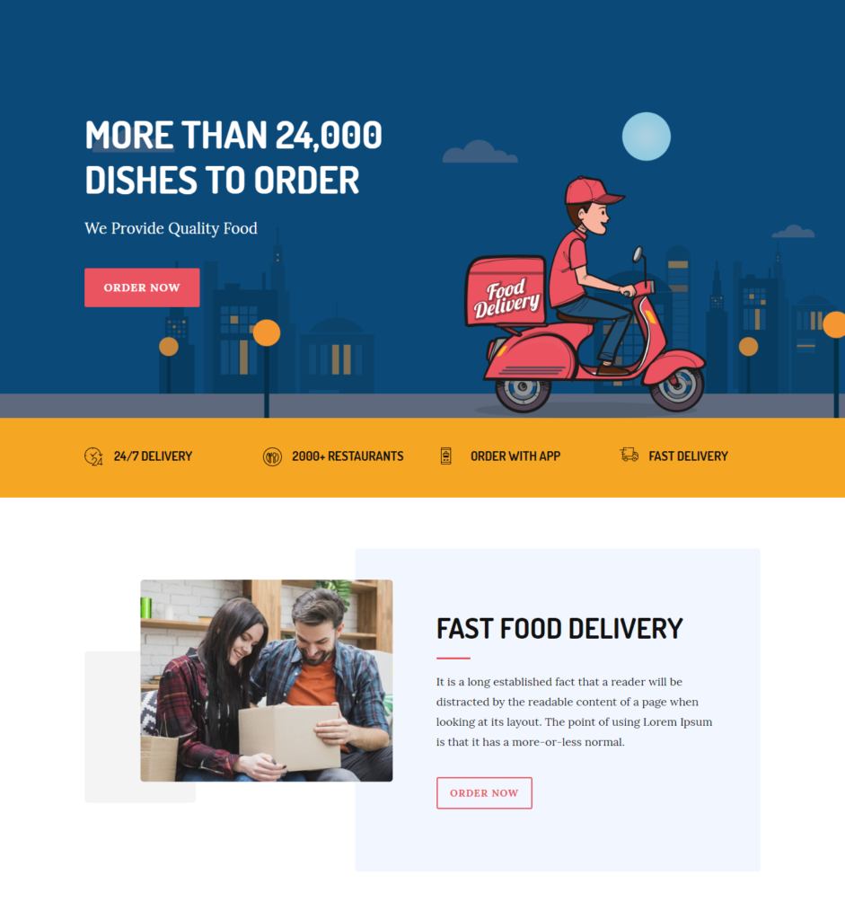 Hero section of divi food delivery template